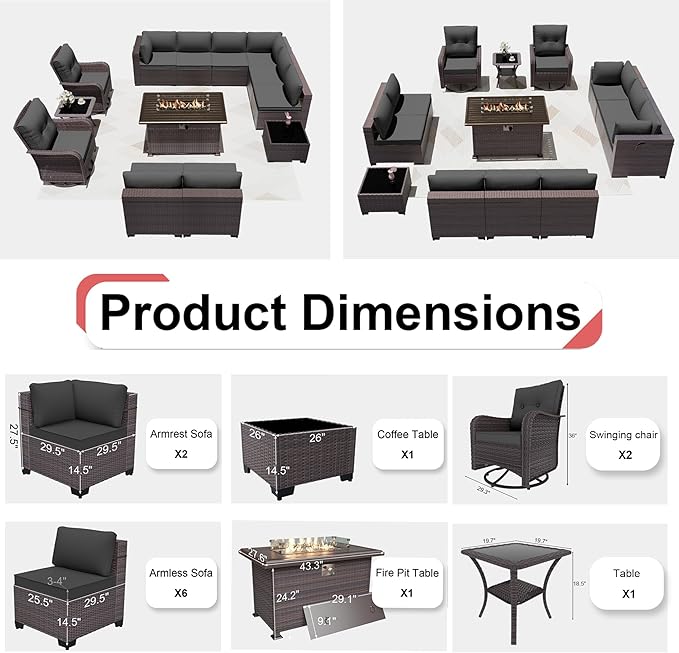 Patio Furniture Sectional Sofa Set 13-Pieces PE Rattan Swivel Rocking Chairs Patio Conversation Set w/43in Gas Fire Pit Table, Outdoor Furniture with Coffee Table, Grey