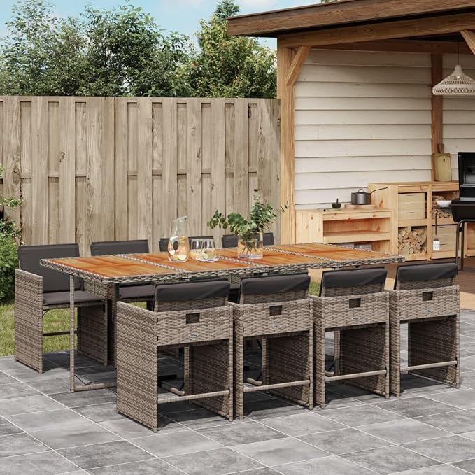 9-Piece Outdoor Dining Set with Cushions Gray PE Rattan Patio Furniture Set for Backyard Balcony Porch Garden