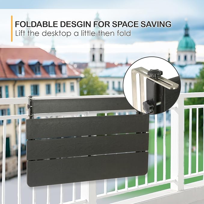 Balcony Railing Hanging Table Outdoor Folding Balcony Bar Table for Railings Patio Side Table with Adjustable Height for Deck, Patio,31.5"(L) x 15.0"(W), Black