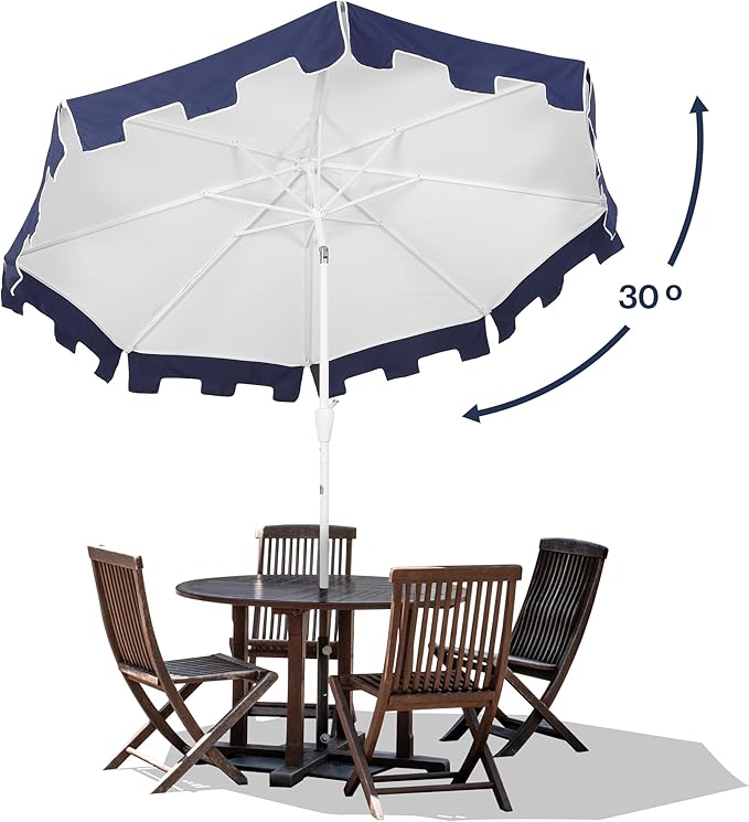 JONATHAN Y Baiona 9 ft. White/Navy Outdoor Patio Umbrella with Crank Lift and Tilt, 8 Ribs UV-Resistant Market Table Umbrella with Square Trim for Pool, Deck, Coastal, White Pole UMB1000A