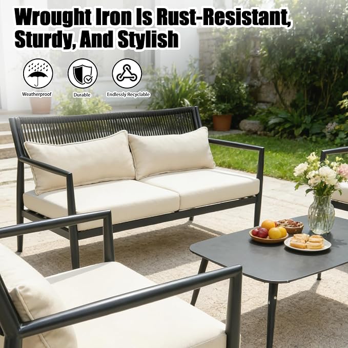 Outdoor Patio Furniture Set, 4 Seats Outdoor Sectional with Coffee Table, Patio Conversation Sets with PE Rope, Outdoor Sectional Sofa with Thick Cushions for Balcony, Porch (Black)