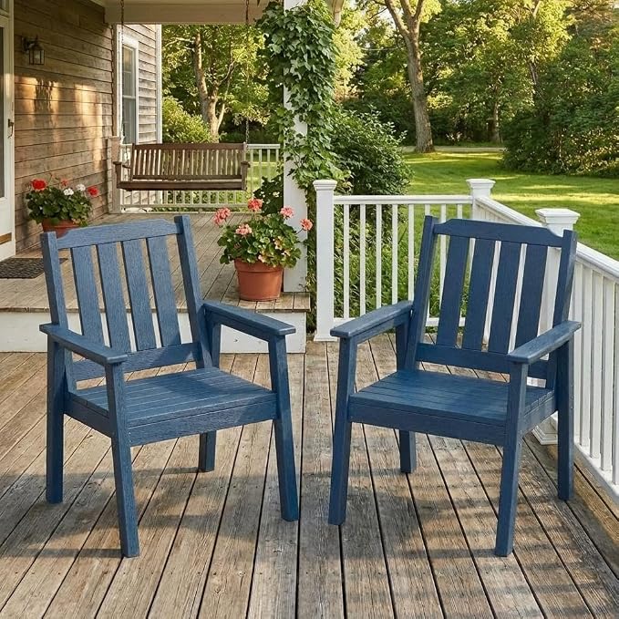 IDEALHOUSE Outdoor Patio Dining Chairs Set of 2, Heavy Duty HDPE Garden Seating with Sturdy Weather-Resistant Frame, Comfortable Wide Seat and Back, Waterproof for Backyard or Poolside, Navy