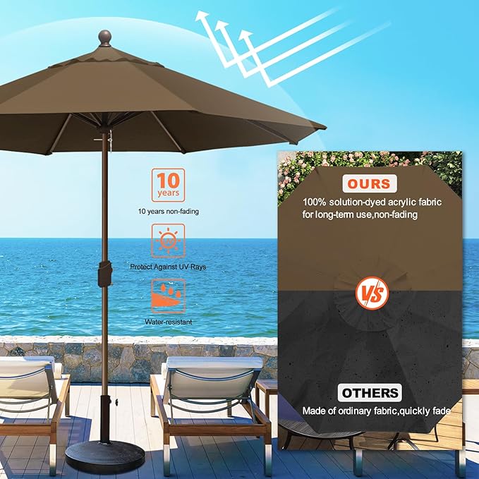Eurmax USA 10-Year-Non-Fading 10FT Outdoor Patio Market Umbrella,UPF50+ UV Resistant Sun Shade,Heavy Duty Commercial Grade,Crank Lift Design,Windproof Vented Top for Garden,Pool,Deck,Chestnut
