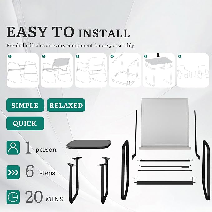 DWVO 3 Piece Patio Furniture Set, Durable Textilene Patio Set with Rocking Chairs Set of 2 & Tempered Glass Table for Garden, Balcony & Poolside, Grey