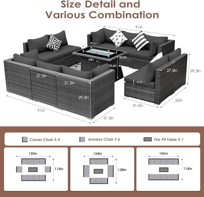 BULEXYARD 11 Piece High Back Outdoor Patio Set with Firepit, Extra Large Backyard Furniture Sectional Couch 10-Seater Modular, XL Big Wide Deep Outside Seating Area for Exterior, Dark Grey