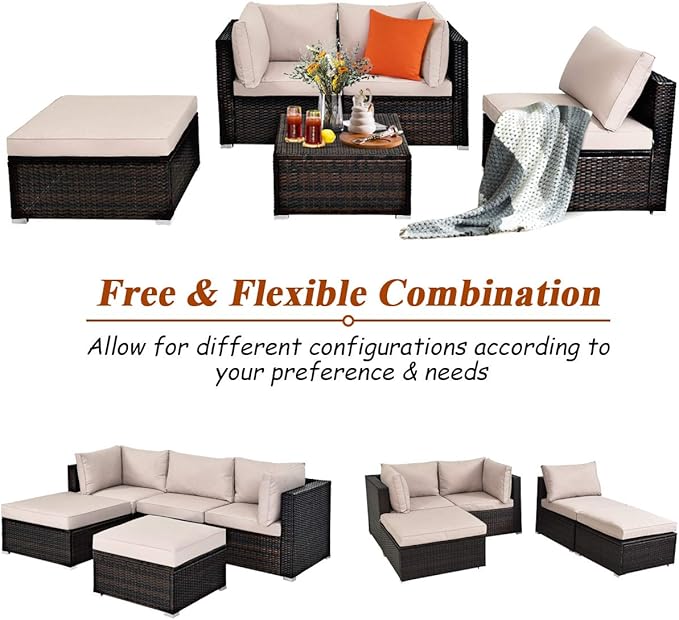 Tangkula 5 Piece Patio Furniture Set, Outdoor Sectional Rattan Sofa Set with Cushions and Coffee Table, Suitable for Backyard Porch Garden Poolside and Deck, Wicker Conversation Set (Brown)
