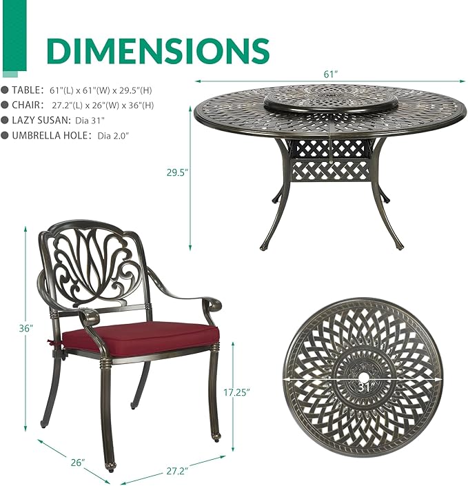 VIVIJASON 9-Piece Patio Furniture Dining Set, Rust-Free Cast Aluminum Outdoor Conversation Set, Include 8 Cushioned Chairs & 61" Round Dining Table with 31" Lazy Susan, Umbrella Hole, Red