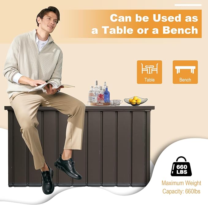 Domi 200 Gallon Deck Box, Outdoor Metal Lockable Storage Cabinet, Waterproof Steel Outdoor Bench with Lockable Lid, Side Handles & Rolling Casters for Outside Cushions, Pillows, Garden Tools, Brown