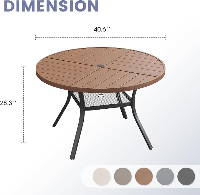 VICLLAX 40.6" Round Outdoor Table, Patio Dining Table for 4 with Umbrella Hole for Garden Lawn Deck Backyard, Walnut