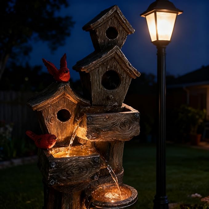 35" Tall Outdoor 4-Tier Birdhouse Floor Standing Water Fountain with LED Lights for Garden, Patio, Yard, Porch Art Home Decor (Bird)