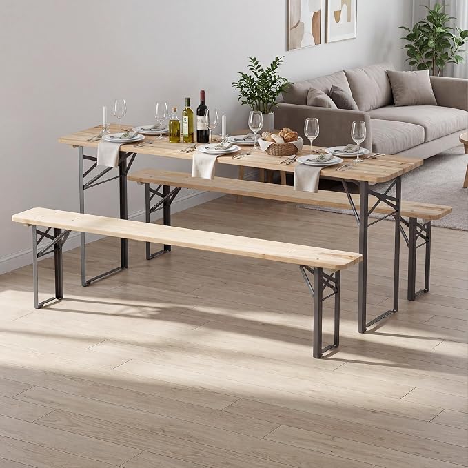 Byroce Folding Picnic Table Set with Benches, 70” Fir Wood Beer Table Set, Outdoor Dining Table with Heavy-Duty Metal Frame, Foldable Picnic Table for Patio, Garden, Backyard, BBQ & Parties (70")
