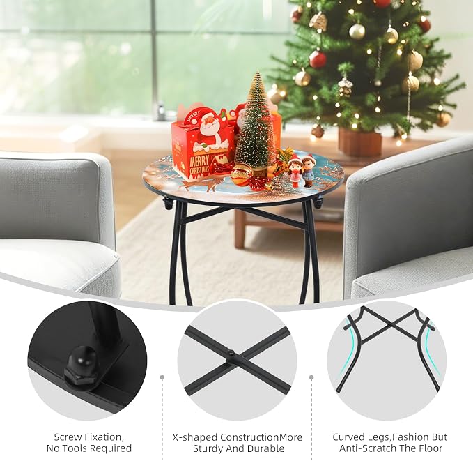 21 Inch Tall Metal Side Table, Unique Christmas Tabletop with Metal Frame, Round End Bedside Table Accent Table for Bedroom Patio Yard Porch Balcony Garden