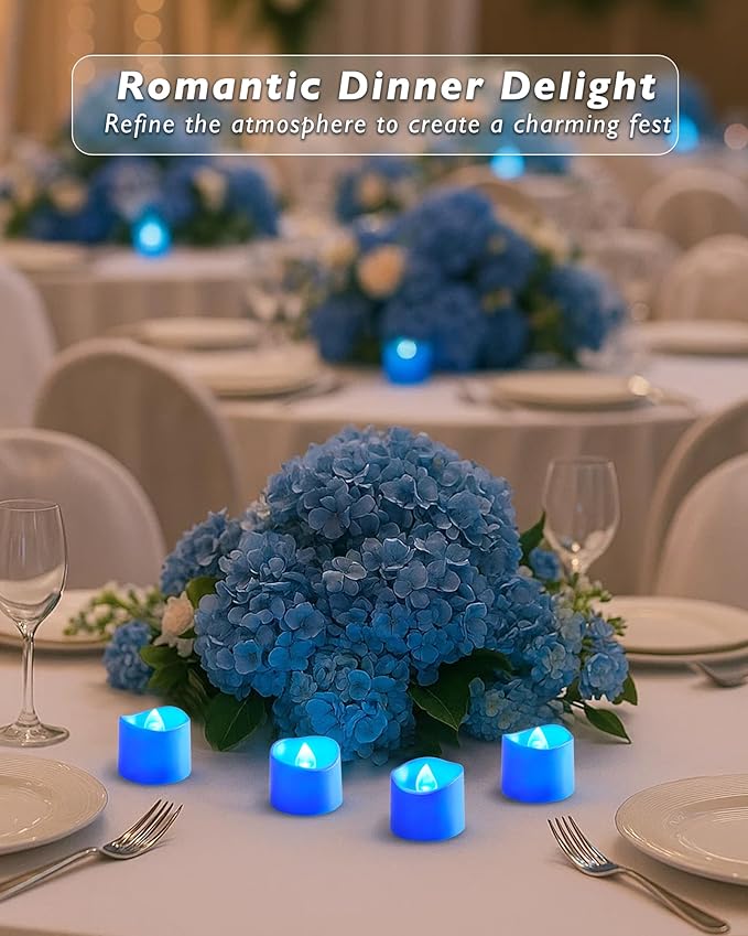 Raycare Blue Battery Operated Tea Lights, 200+Hour Electric Flickering Flameless Candles, Realistic Votive LED Tea Lights for Wedding Party Table Thanksgiving Christmas Decorations, Pack of 12