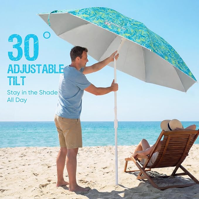Old Bahama Bay 8ft Beach Umbrella with Screw Sand Anchor & Tilt Mechanism, UPF 50+ UV Protection, Windproof Heavy Duty Portable Sun Shelter with Carry Bag for Patio, Garden, Pool, Backyard, Palm Print
