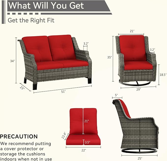 3 Piece Patio Furniture Set, 2-Seater Loveseat and 2 Swivel Glider Chairs Outdoors, Rattan Conversation Set with Deep Seating and Olefin Cushions, for Backyard, Garden, Red