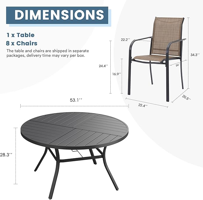 DIFY 9 Pieces Outdoor Patio Dining Set for 8, 53.1" Black Round Metal Dining Table and 8 Brown Stackable Textilene Patio Chairs, Outdoor Table and Chairs for Backyard Garden Poolside