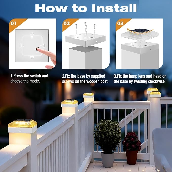 4x4 Solar Post Cap Lights Outdoor 2 Pack, 3 Color Modes/Dusk to Dawn/IP65 Waterproof, Fits 4x4 Vinyl/PVC Wood Posts Top, White LED Fence Topper Light for Deck, Porch, Backyard