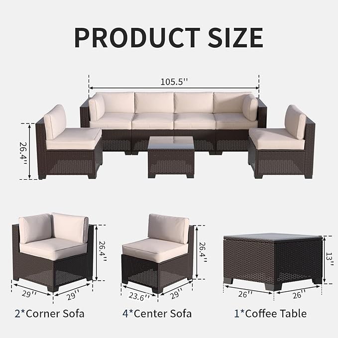 7 Piece Patio Furniture Set, Wicker Patio Conversation Sets, Outdoor Sectional Furniture with Tempered Glass Table, for Backyard, Deck, Garden, Dark Brown Rattan & Khaki Cushions