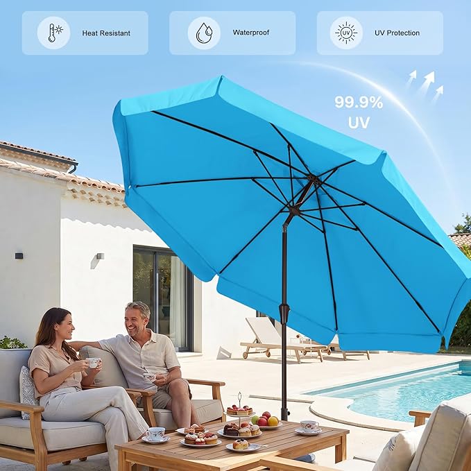 ABCCANOPY 9ft Scalloped Patio Umbrella, Outdoor Table Umbrella with Tilt and Crank, Fiberglass Ribs Deck Umbrella for Patio, Pool, Garden, Picnic (Aquamarine)