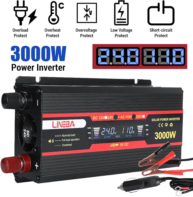 3000 Watt Power Inverter with LED Display,Dual AC Outlets,USB Port, 24V DC to 110V AC Converter Car Power Inverter for Vehicles, Car, RV, Truck, Off Grid Solar System, Outdoor Camping