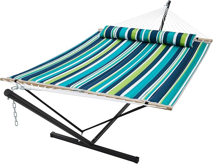 SUPERJARE Hammock with Stand, 2 Person Quilted Outdoor Hammock, Detachable Pillow & Bamboo Spreaders, Portable Hammock with Carrying Bag, Heavy Duty Stand, Perfect for Outside, Patio, Dark Cyan
