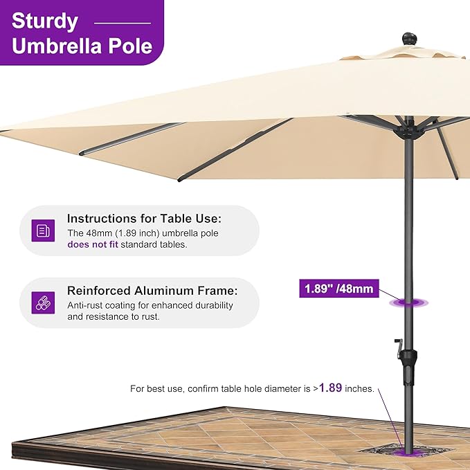 PURPLE LEAF 11.5' x 8' Rectangle Patio Market Umbrella with Base Outdoor Table Umbrellas Aluminum Frame Sun Shade with 8 Sturdy Ribs for Garden Deck Lawn Pool Beige