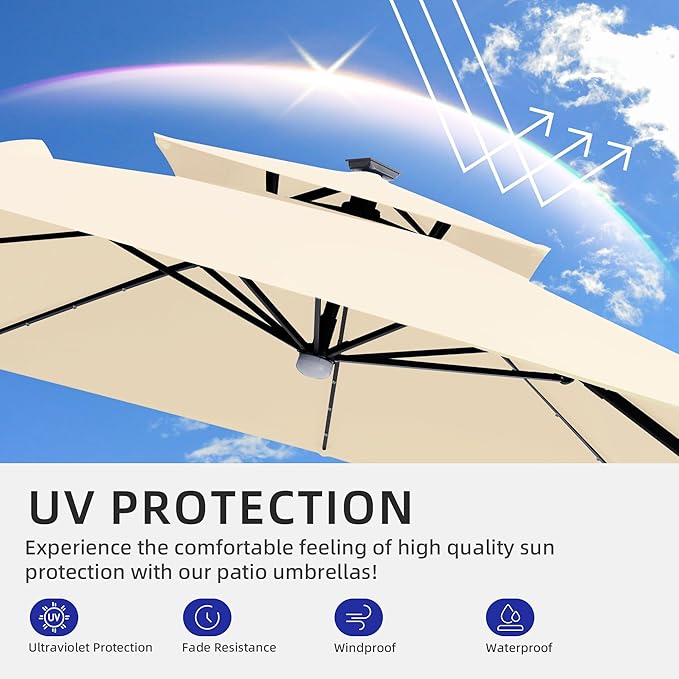 JZAC & QZYD 9x9 FT Outdoor Cantilever Patio Umbrella with Base Included and Solar LED Lights, Large Heavy Duty 2-Tier Square Aluminum Offset Umbrellas with 360-Degree Rotation for Pool Deck, Beige