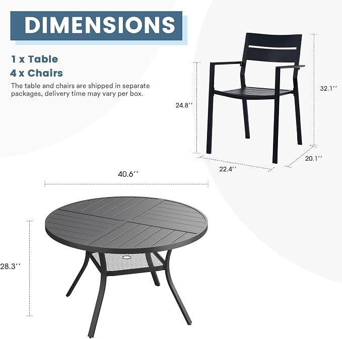 DIFY 5 Piece Outdoor Patio Dining Set for 4, 40.6" Round Dining Table with Umbrella Hole and Stackable Metal Chairs, Patio Table and Chairs Set for Backyard Garden Poolside, Black