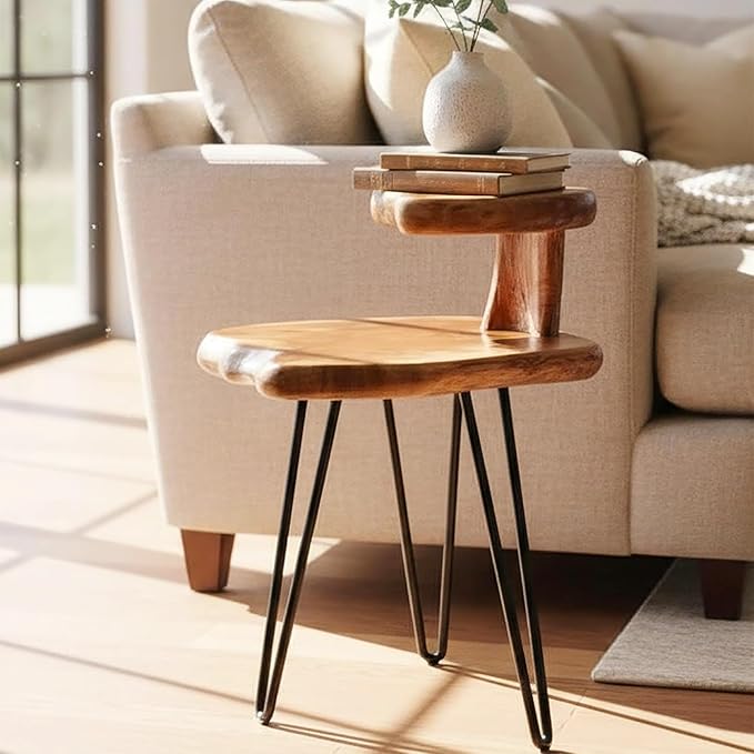 Double-Deck Cedar Solid Wood Coffee Table 16" x 16" x 26" H Natural Shape Accent Vintage Outdoor Side Tables Rustic Plant Stand Couch Live Edge End Tables for Living Room Sofa Patio Bedroom