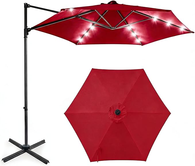 HAPPYGRILL 10 FT Patio Umbrella with Solar Lights, Outdoor Offset Cantilever Umbrella with White LED Lights, 360 Degree Rotation, Air Vent for Pool Deck Garden Backyard
