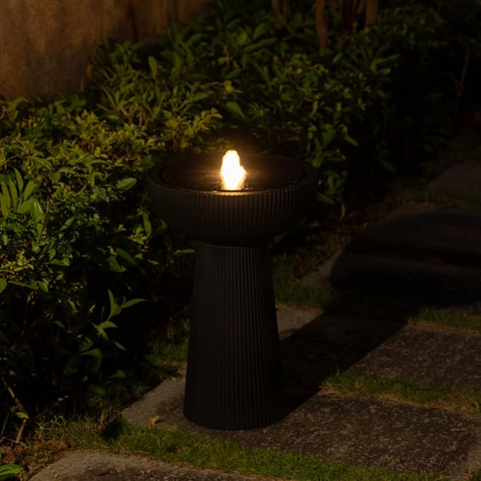 23.23" H Outdoor Water Fountain Made with Eco-Friendly Recyclable Materials, Polyethylene Bird Bath Bubbler Water Fountain Outdoor, Garden Decor with LED Light & Pump for Patio (Black)