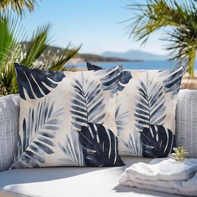 Pack of 2 Waterproof Outdoor Pillow Covers 20x20 Inch Decorative Pillow Covers Navy Blue Palm Leaves Throw Pillowcases Tropical Botanical Retro Outdoor Cushion Cover for Couch, Patio, Tent