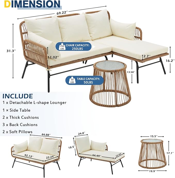 EROMMY 3 Piece Patio Furniture Set, L-Shaped Sectional Conversation Sofa Set with Thick Cushions and Toughened Glass Coffee Table for Backyard Balcony Garden Porch, White