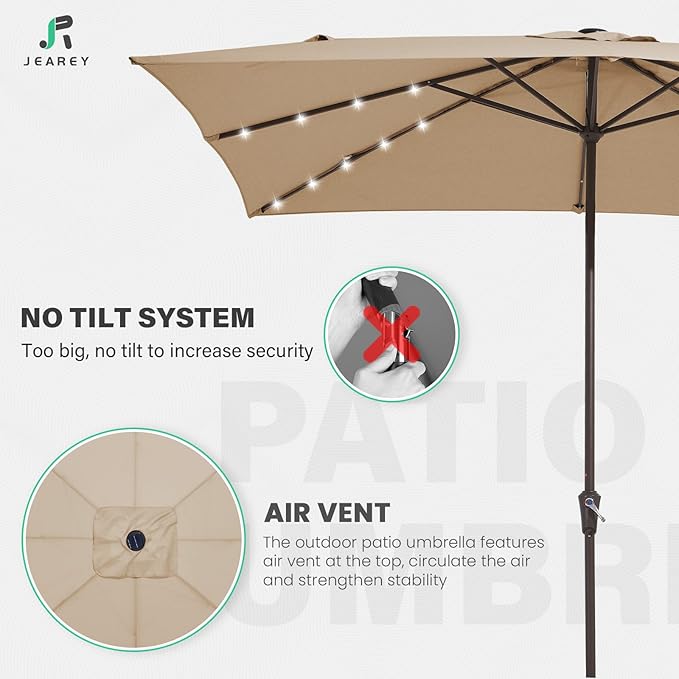 JEAREY 8x10 ft Rectangular LED Lighted Patio Umbrellas Outdoor Solar Table Market Umbrella w/Crank, 8 Sturdy Ribs, UV Protection Waterproof Sunproof(Beige)