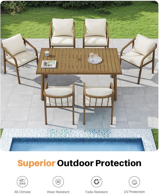 Never-Rust Aluminum Patio Dining Table, 63" x 35" Rectangular Outdoor Dining Table for 6, Outdoor Patio Table with Umbrella Hole for Backyard, Garden, Balcony, Deck, Teak