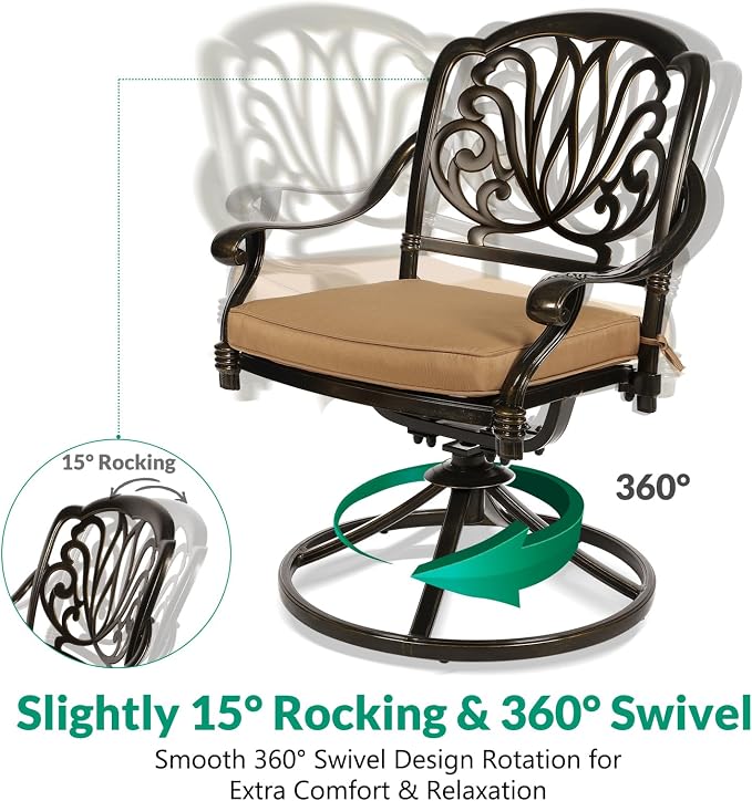 VIVIJASON 9-Piece Outdoor Dining Set, Cast Aluminum Retro Patio Furniture Table and Chairs Set for 8, Include 94.5" Rectangular Table and 8 Swivel Rocker Chairs with Umbrella Hole, Khaki Cushion