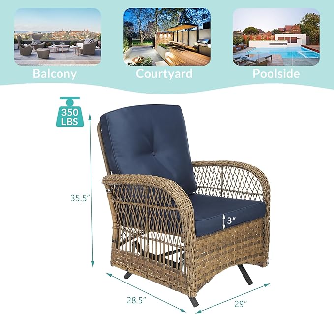 MEETWARM Patio Wicker Rocking Glider Set, All-Weather Outdoor Rattan Patio Rocking Chairs of 2, Patio Conversation Set with Thickened Cushions for Porch Garden & Backyard, Navy Blue