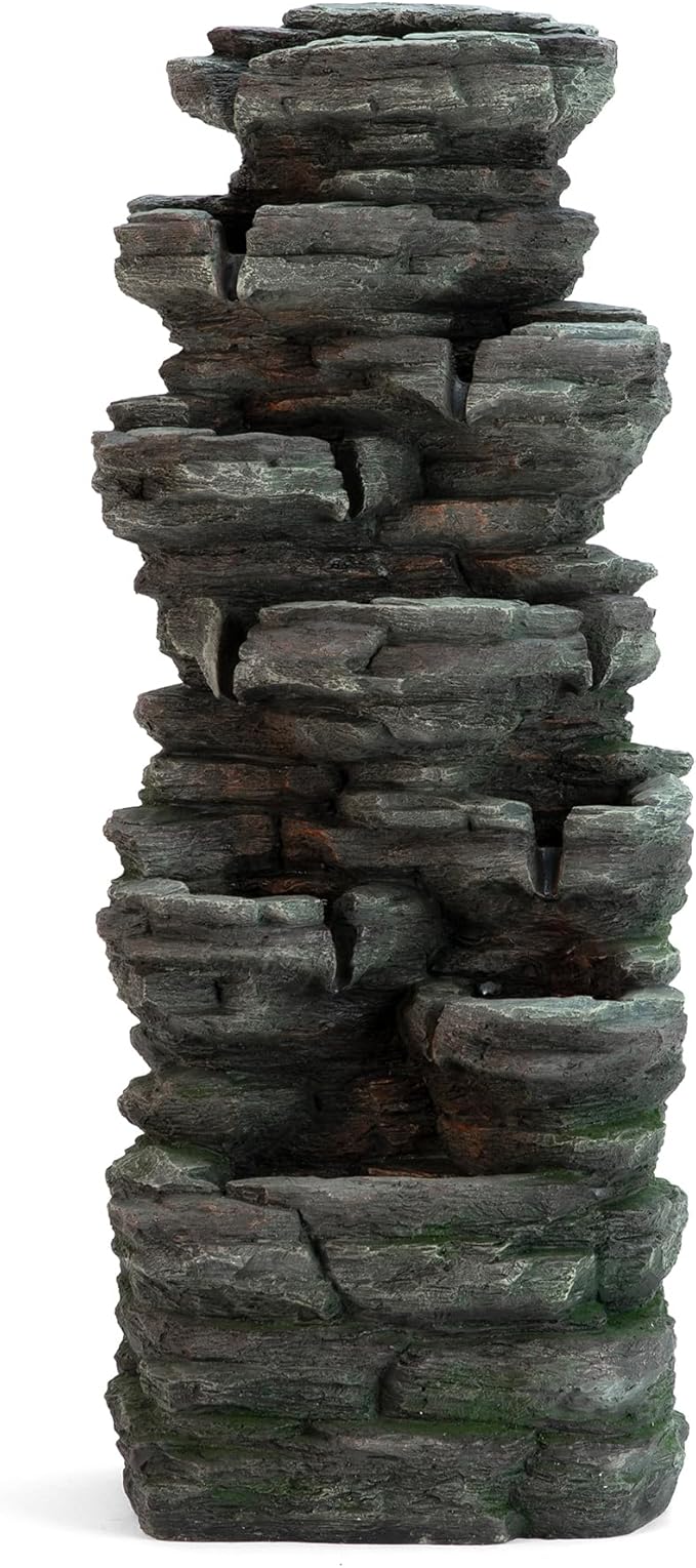 Glitzhome Outdoor Fountain with Pump and LED Light, 9-Tiered Rock Floor Fountain with Cascading Water, 39.25" H Polyresin Waterfall Fountain Outdoor Water Feature for Garden, Patio, Yard & Deck