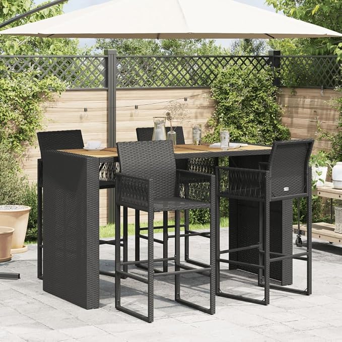 Synthetic Rattan Bar Table Black 72.8 Inch Long Rectangular Outdoor Bar Height Table Weather Resistant for Patio Garden Poolside
