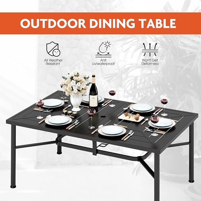 MIXPATIO Outdoor Patio Dining Table for 6, 64" x 39" Rectangular Metal Patio Dining Table with Umbrella Hole for Garden, Backyard and Porch