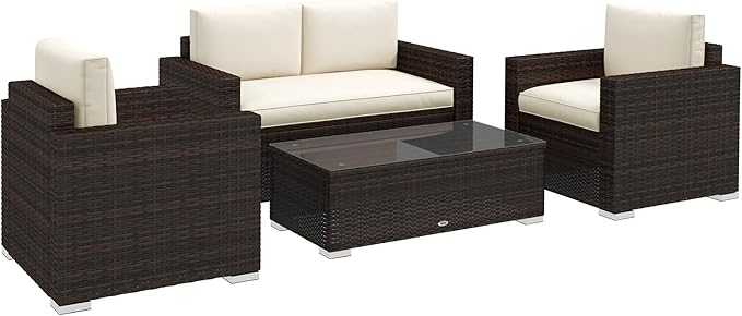 Outsunny 4 Piece Wicker Patio Furniture Set with Cushions, Outdoor Sectional Furniture with 2 Sofa, Loveseat, and Glass Top Coffee Table, Conversation Sofa Sets for Garden, Khaki