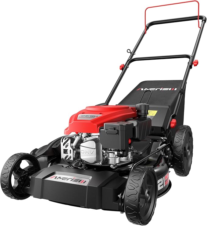 AMERISUN 21" Gas Lawn Mower, 3-in-1 Gas Push Mowers, 144cc 4-Stroke OHV Engine, 6 Height Adjustments 1.4 Bushel Grass Catcher, Lawnmower with Bagging, Mulching & Side Discharge, Efficient Steel Deck