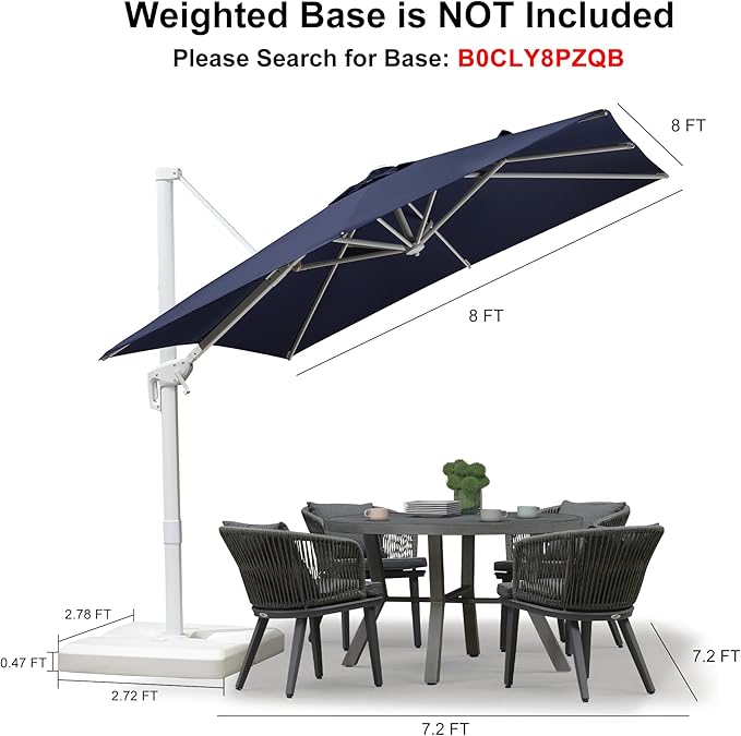 PURPLE LEAF 8 FT Patio Umbrella White Cantilever Umbrella Aluminum Square Outdoor Offset Umbrella Hanging Windproof with 360° Rotation for Garden Deck Pool, Navy Blue