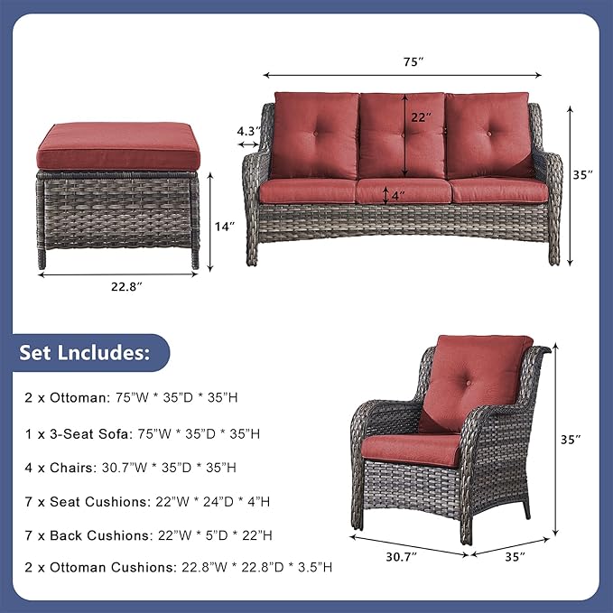 Rilyson Wicker Patio Furniture Chairs Set - 7 Piece Rattan Outdoor Sectional Conversation Sets with 1 Sofa,4 Armrest Chairs and 2 Ottomans for Porch Deck Garden(Mixed Grey/Red)