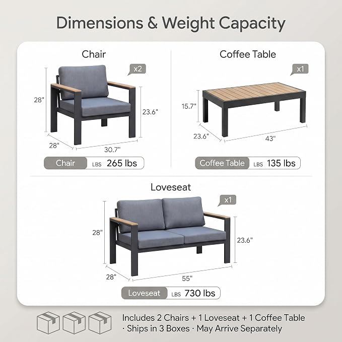 Outdoor Patio Furniture Set, 4-Piece Aluminum Conversation Set with Loveseat, 2 Chairs and Coffee Table, 5-Inch Water-Resistant Cushions for Backyard, Porch, Poolside,Gray
