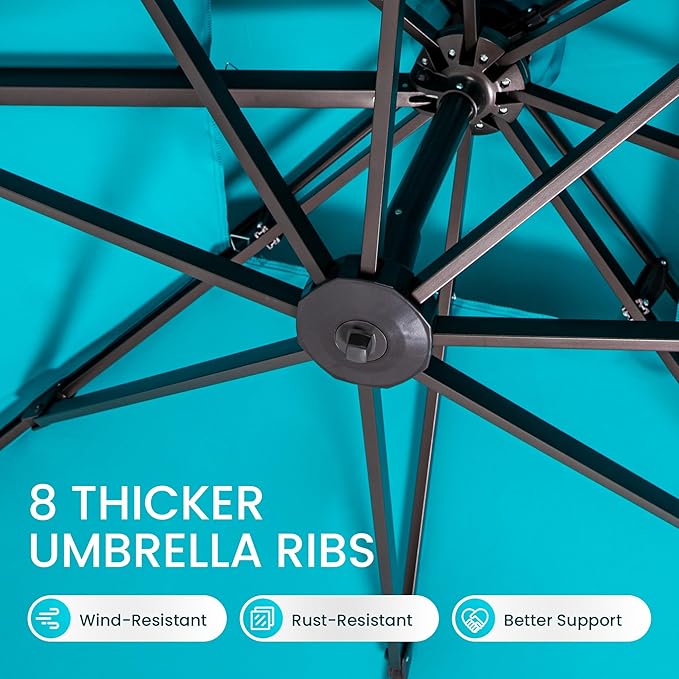 10x10 FT Cantilever Patio Umbrella Double Top Outdoor Square Large Heavy Duty Aluminum Offset Umbrellas with 7 Level Tilt 360-degree Rotation for Pool Garden Deck, Turquoise