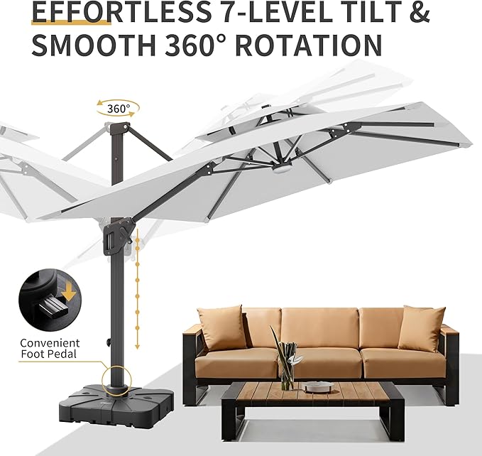 10 X 13 FT Cantilever Patio Umbrella with Base Included & Led Lights Outdoor Rectangle Offset Large Double Top Heavy Duty Umbrellas 360°Rotation for Pool Deck Backyard,Fog Gray