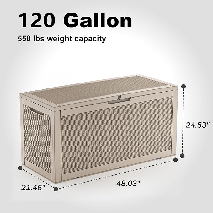 120 Gallon Waterproof Outdoor Storage Box,Lockable Large Deck Box with Lid for Packages,Weatherproof Resin Storage Bin for Patio Furniture Cushions Garden Tools Accessories(Gray,120 Gallon)