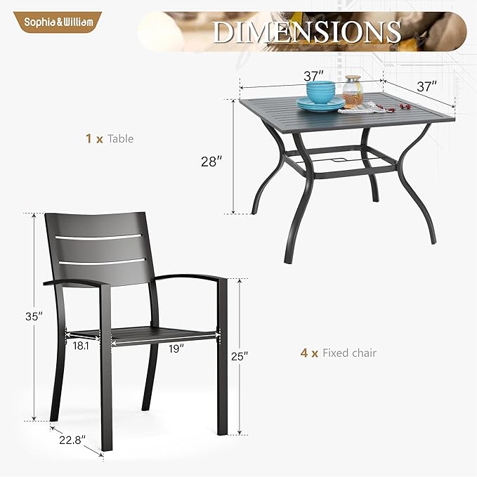 Sophia & William Metal Patio Outdoor Table and Chairs 5 Piece Dining Set - 37" Square Bistro Table and 4 Backyard Garden Chairs, Table with 1.57" Umbrella Hole
