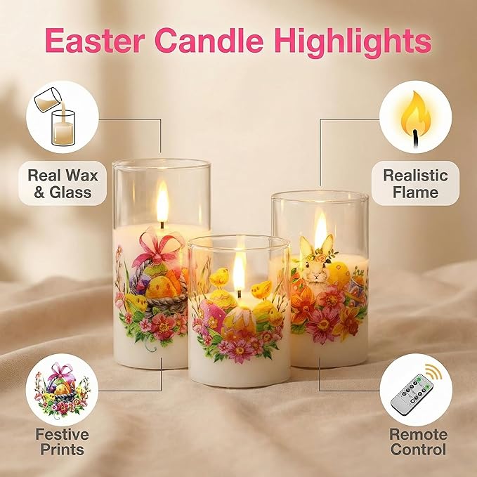 Eywamage Spring LED Candles with Remote, Flickering Glass Flameless Pillar Candles Battery Candles Easter Home Table Decor Set of 3